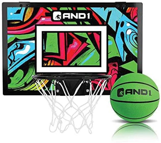AND1 over the Door Mini Basketball Hoop, 18"X12" Shatterproof Backboard, Indoor Basketball for Kids and Adults