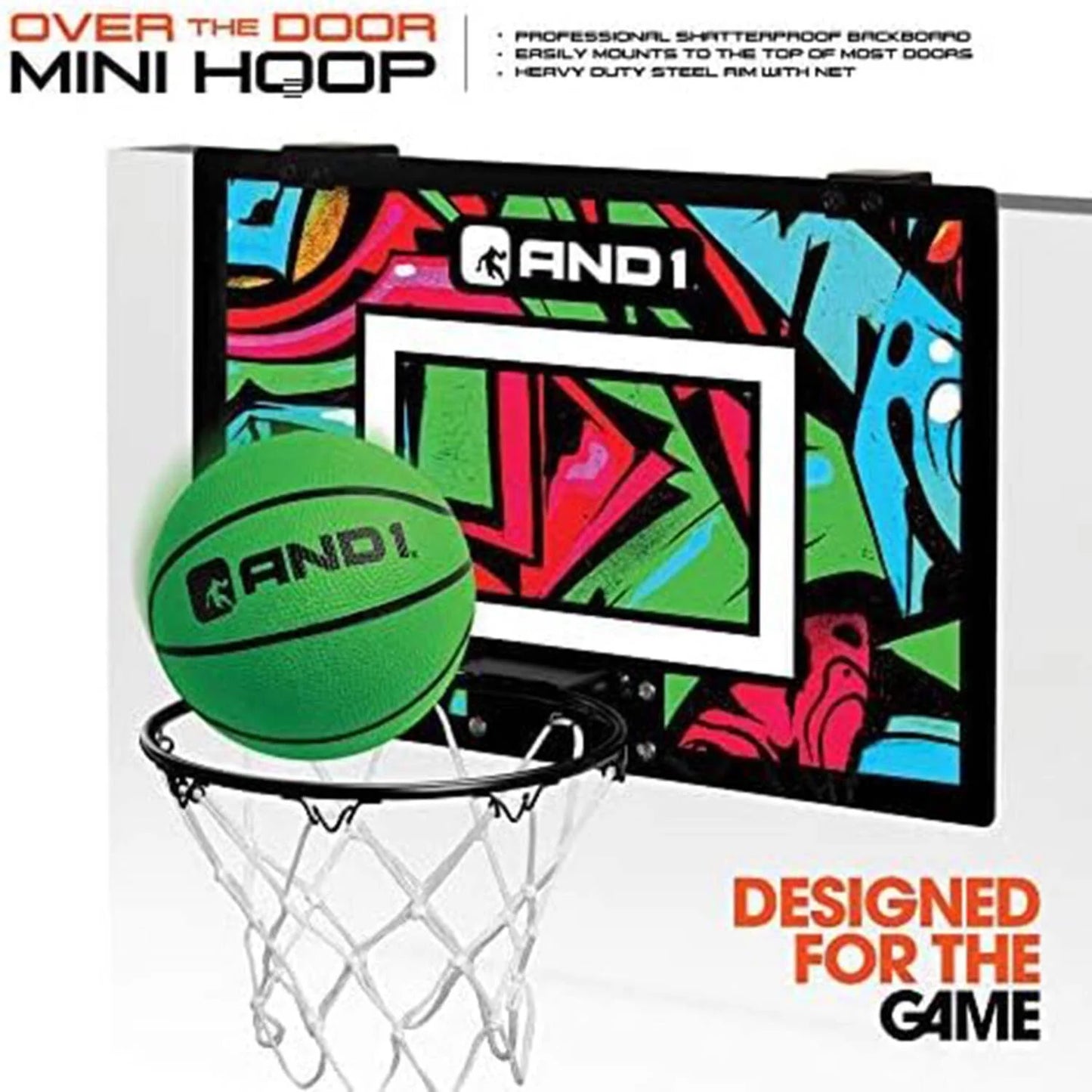 AND1 over the Door Mini Basketball Hoop, 18"X12" Shatterproof Backboard, Indoor Basketball for Kids and Adults