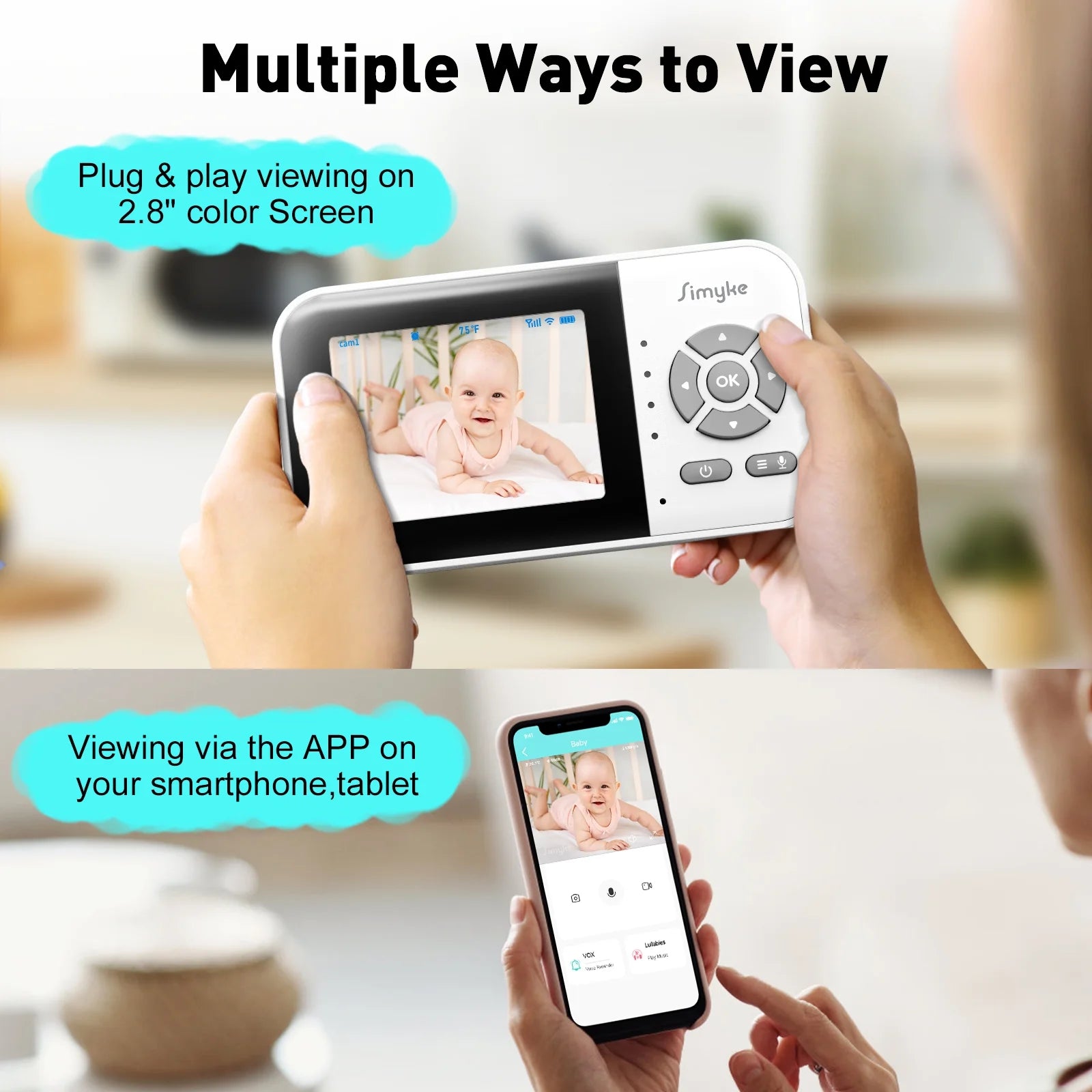 Wifi Video Baby Monitor, 2.8" LCD & App Viewing, 2-Way Audio, Night Vision, VOX, 5 Lullabies, Supports 4 Cameras, 1200Ft Range, Home Use