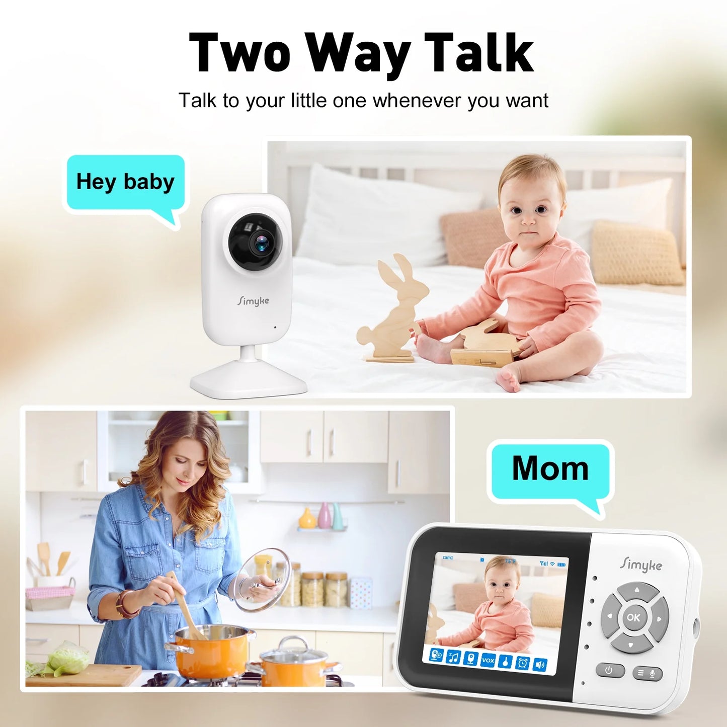Wifi Video Baby Monitor, 2.8" LCD & App Viewing, 2-Way Audio, Night Vision, VOX, 5 Lullabies, Supports 4 Cameras, 1200Ft Range, Home Use