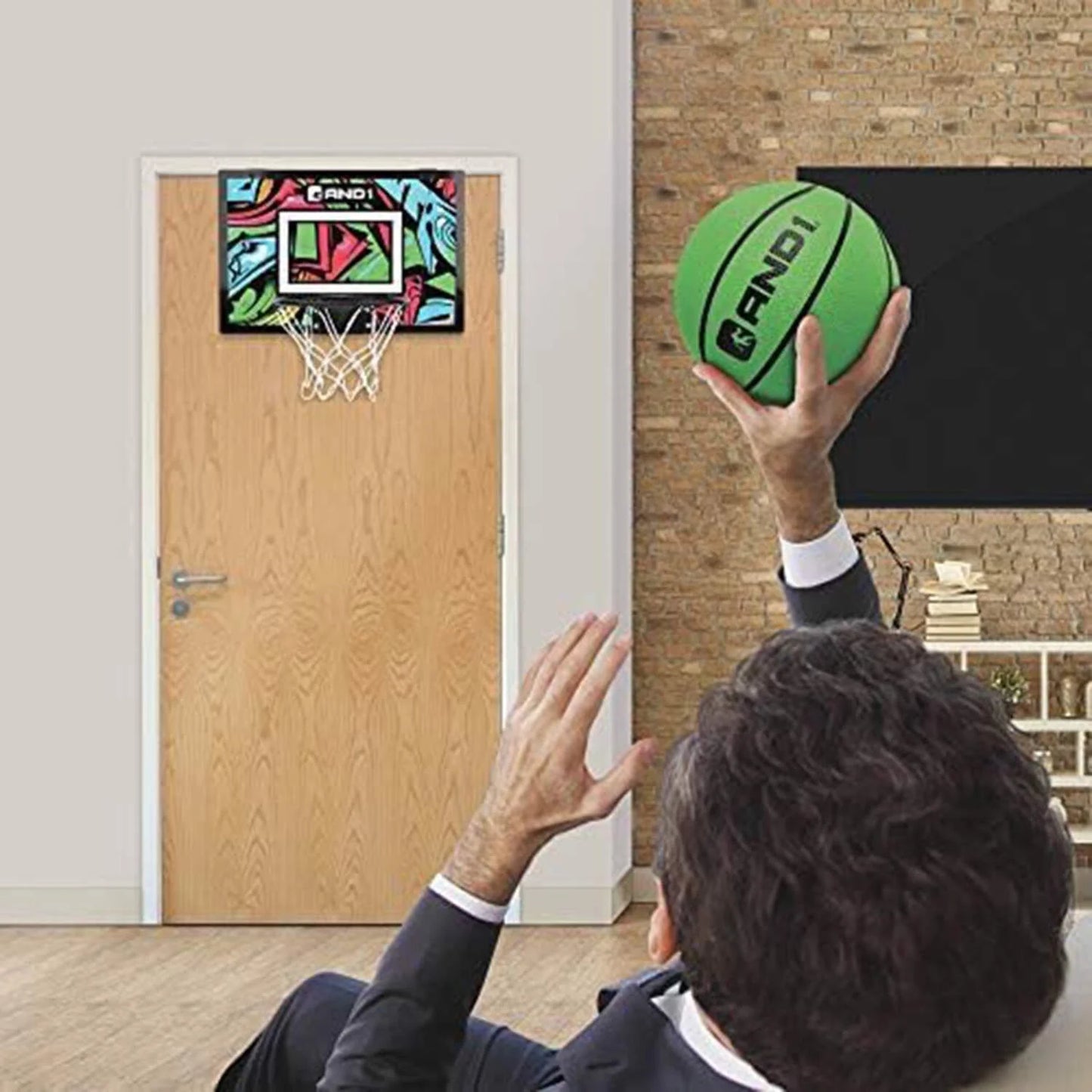 AND1 over the Door Mini Basketball Hoop, 18"X12" Shatterproof Backboard, Indoor Basketball for Kids and Adults
